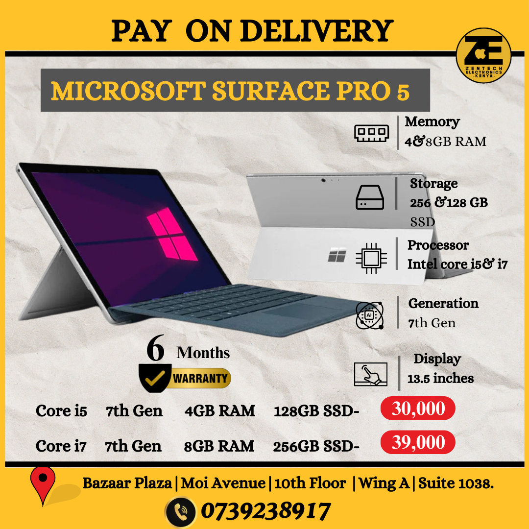 Microsoft Surface Pro 5 promotional image featuring the tablet in landscape mode with a keyboard attached, displaying a Windows screen, alongside specifications and pricing information.